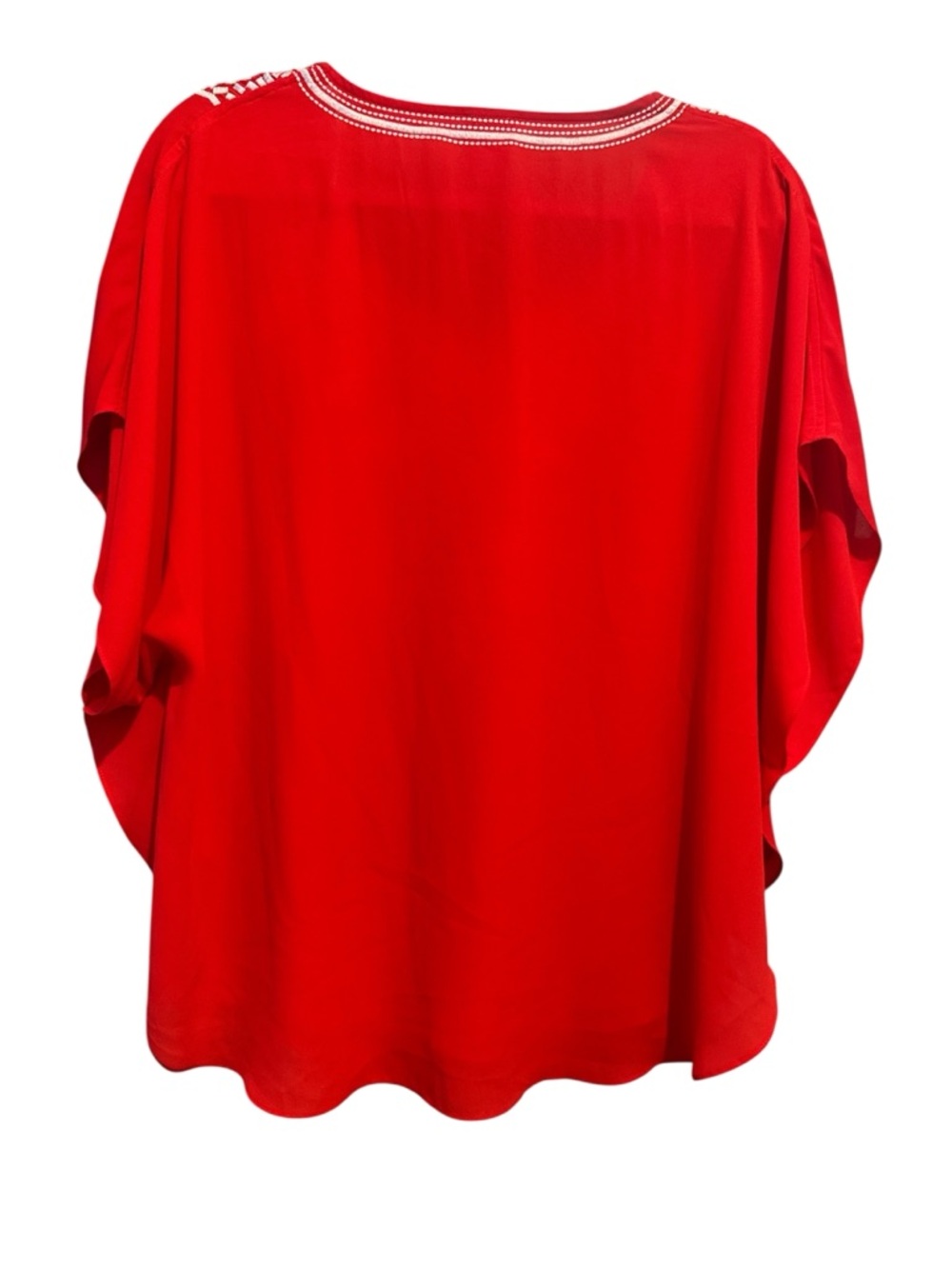 Chico's Bright Red Tunic with White Embroidered V-Neck - Picture 2 of 3